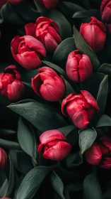 Crimson Tulips Against Dark Foliage. Botanical Study.