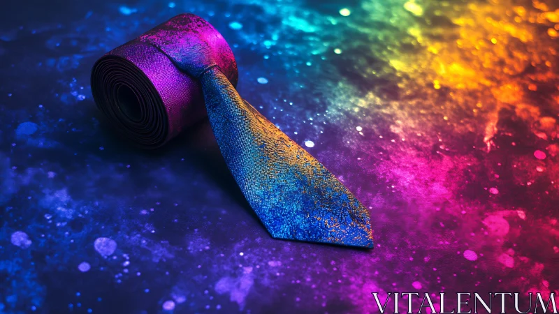 Iridescent silk tie on neon galaxy gradient bokeh background