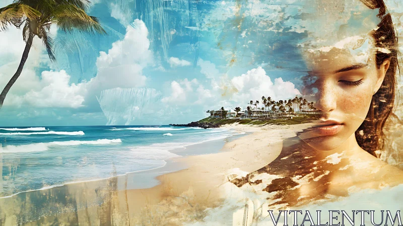 Composite seaside landscape merging with female portrait.