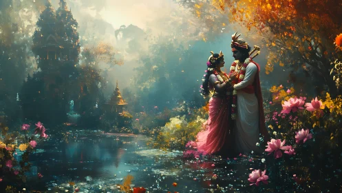 Digital painting of divine couple in luminous lotus grove garden.