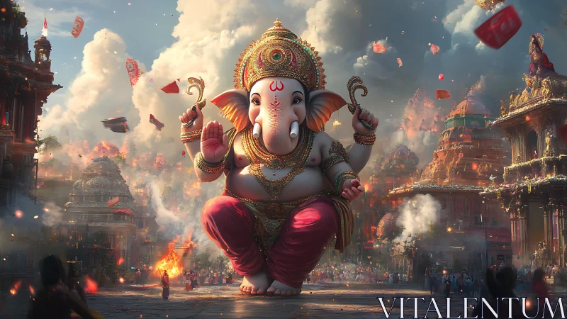 Ganesha figure above temple festival scene with crowd below.