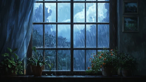 Rainy night window view with plants on interior ledge.