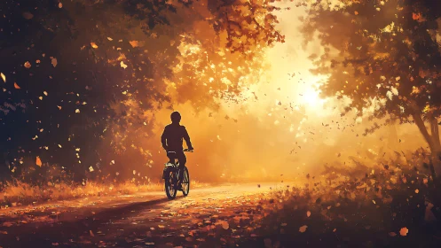 Cyclist navigating autumn woodland tunnel with volumetric golden light rendering