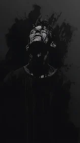 Stark monochrome portrait shows man lifted in tense anguish