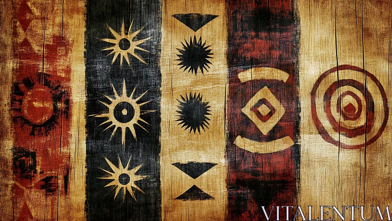 Abstract tribal sun and geometric symbols on rustic wooden planks.
