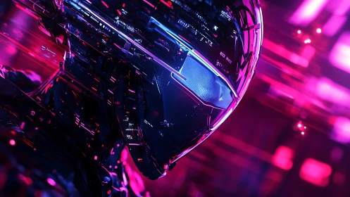 Neon lit cyber helmet glowing in a dreamy futuristic haze.