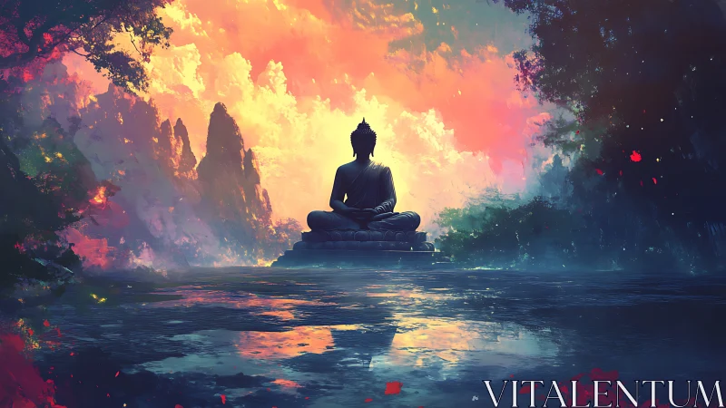 Meditating Buddha rests amid radiant ethereal sunrise clouds.