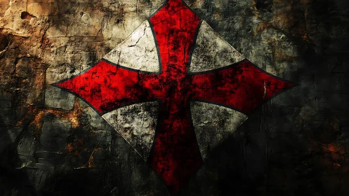 Weathered red cross emblem on cracked stone wall surface.