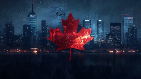 Textured maple leaf emblem over futuristic Canadian skyline.