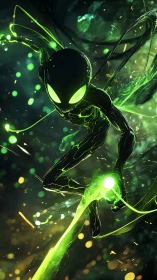 Luminous alien acrobat leaping through neon starlight.