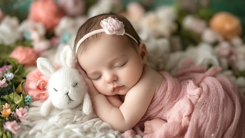 Newborn baby sleeping with toy bunny on soft florals.