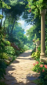 Sunlit garden path curves past stone columns and blooms.
