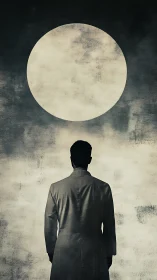 Man in long coat stands beneath large circular light form