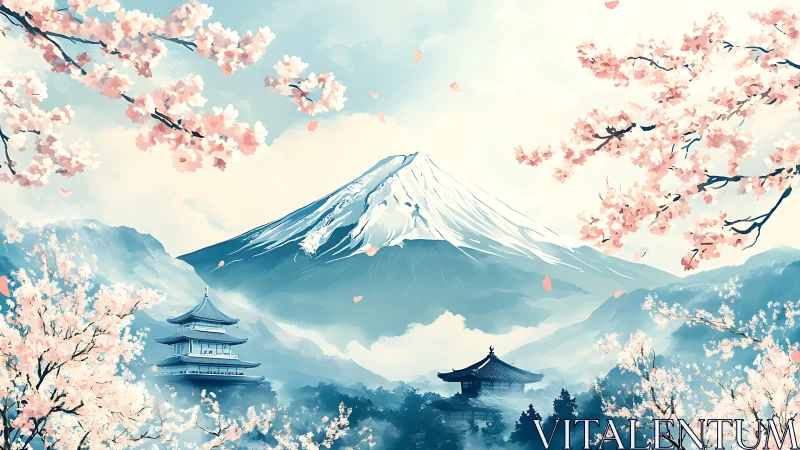 Mount Fuji with traditional temples and cherry blossoms scene.
