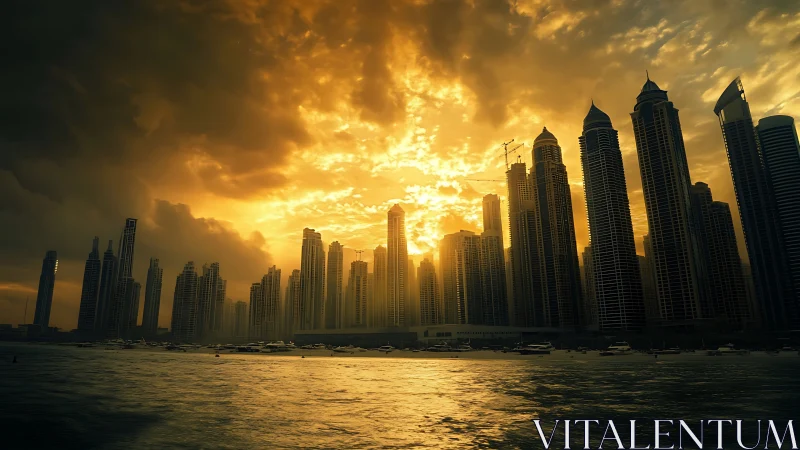 Skyscrapers drink molten sunset light beside a restless sea