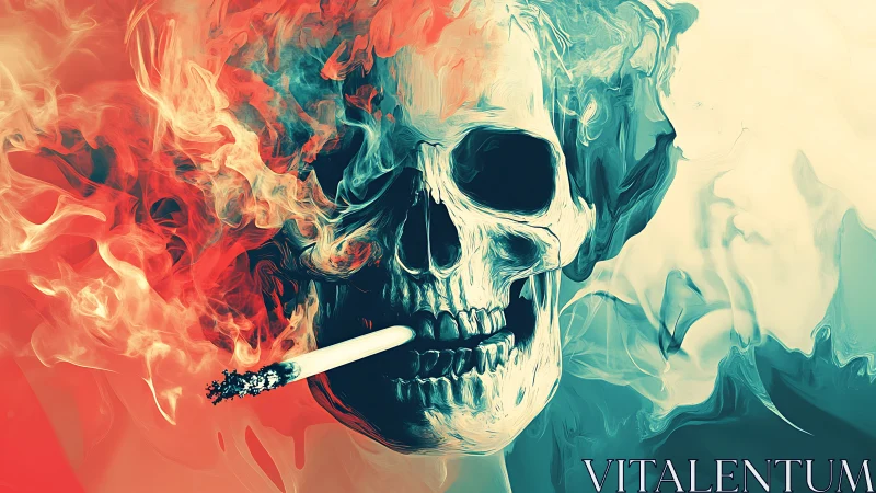 Smoking skull emerges through swirling red and teal flames.