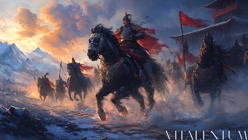 Storming cavalry under crimson banners at winter fortress.