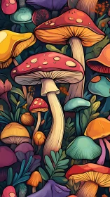 Vibrant stylized forest mushrooms in dense illustrative cluster