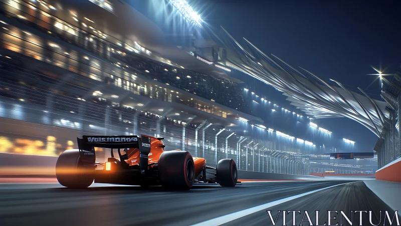 Night racing car on illuminated modern city circuit.