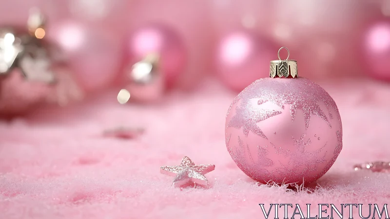 Pink Christmas ornament rests on soft glittered surface