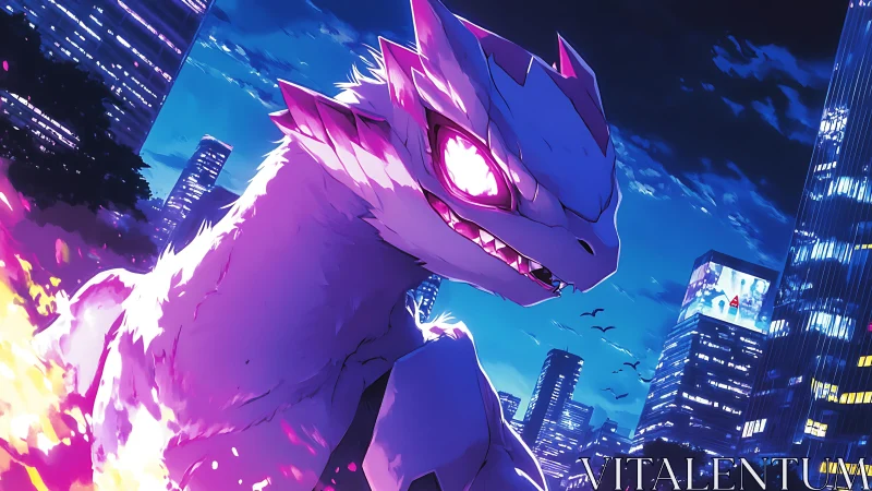 Neon kaiju towers over futuristic night city skyline.