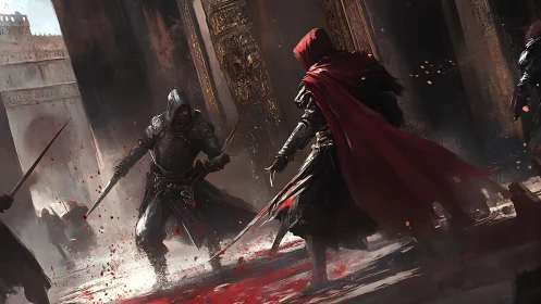 Hooded assassins dueling in blood-soaked gothic corridor
