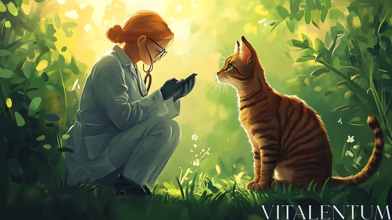 Caring Veterinarian Examines an Orange Tabby Cat in Lush Garden