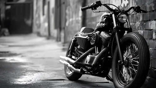 Custom black motorcycle parked in narrow urban alleyway
