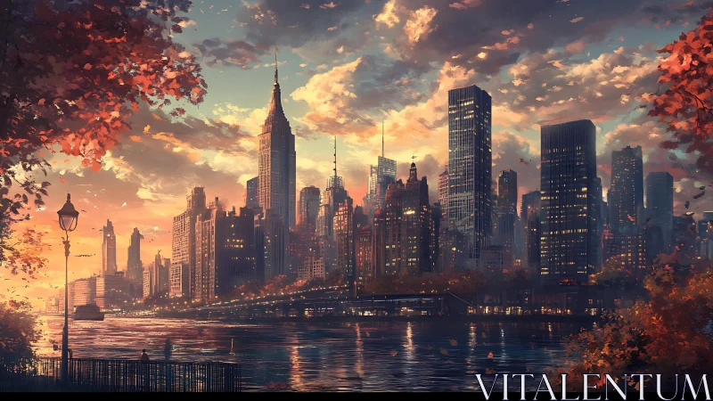 Autumn city skyline over riverside park at sunset light.