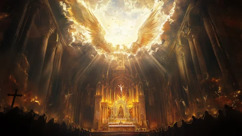 Golden cathedral interior opens to radiant winged heavens