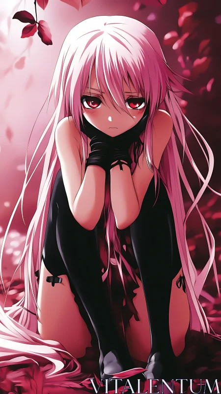 Crimson petals cradle a silver-haired loner in quiet ache