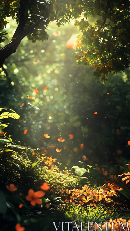 Forest scene with falling leaves and diffused light through canopy.