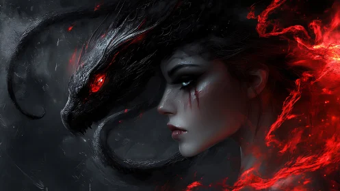 Dragon-like creature beside woman with red energy aura.