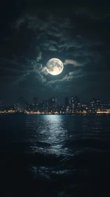 Full moon over coastal skyline with reflective night sea.