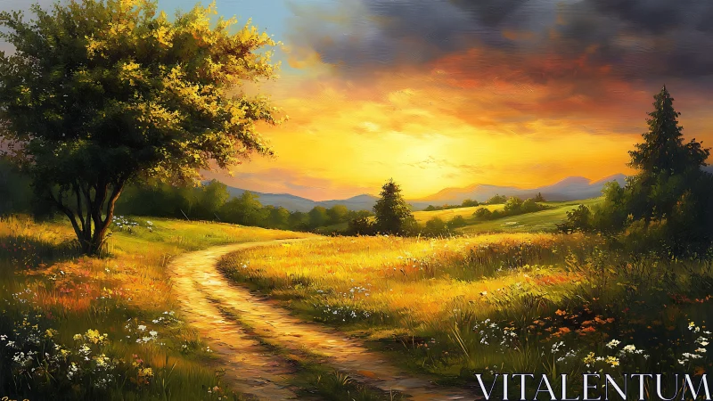 Sunlit dirt path curves through meadow toward distant hills