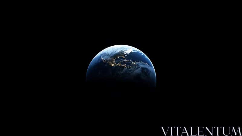 Earth viewed from space with night lights over continents.