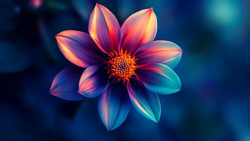 Multicolored flower with gradient petals on dark background.