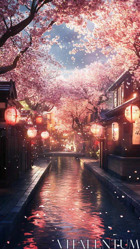 Cherry blossom canal street under lantern glow and soft bokeh lighting