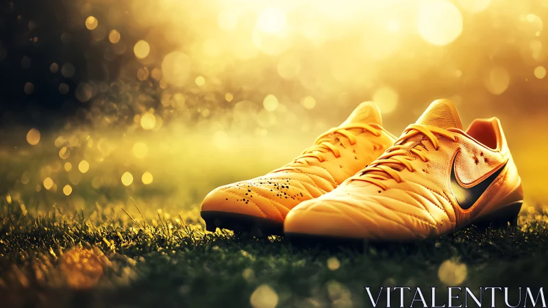 Golden soccer cleats resting in glowing evening sunlight.