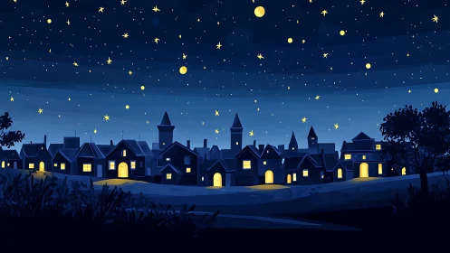 Nighttime village skyline is shown under a star-filled sky