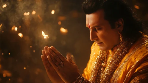 Side-lit devotee in ornate saffron attire amid floating embers