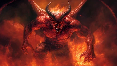 Horned demonic creature roars amid intense surrounding flames