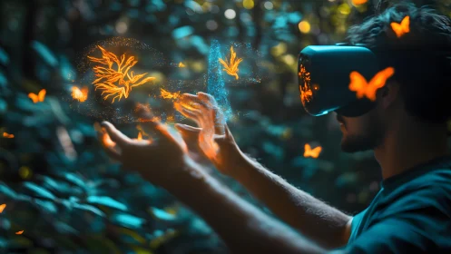 Man Experiencing Virtual Reality Butterflies in Lush Forest Setting.