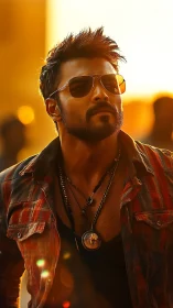 Man in sunglasses in warm sunset backlight, casual attire.