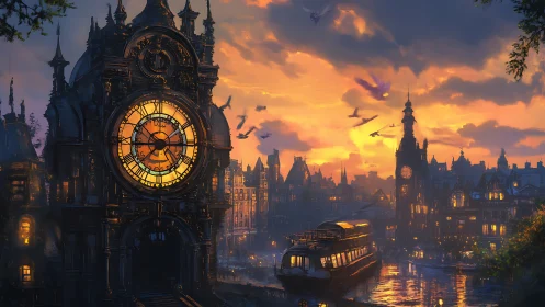 Twilight steampunk clocktower over luminous canal cityscape.
