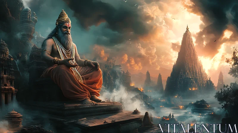 Seated sage figure before towering temple city at dusk.