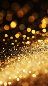 Defocused golden bokeh lights over granular glitter field.