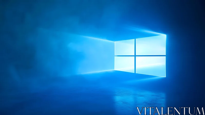 Windows logo glowing in blue digital light, modern minimal style.