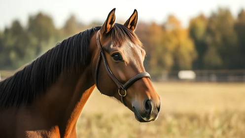 Bay horse portrait under warm evening pasture light.