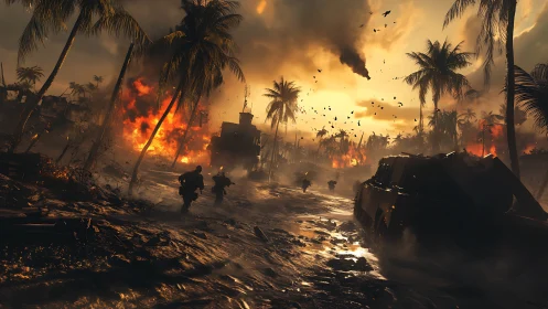 Tropical battlefield inferno with soldiers and armored convoy.